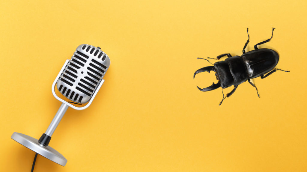 Image of a radio microphone laying down on a yellow background with a black stag beetle crawling to it.